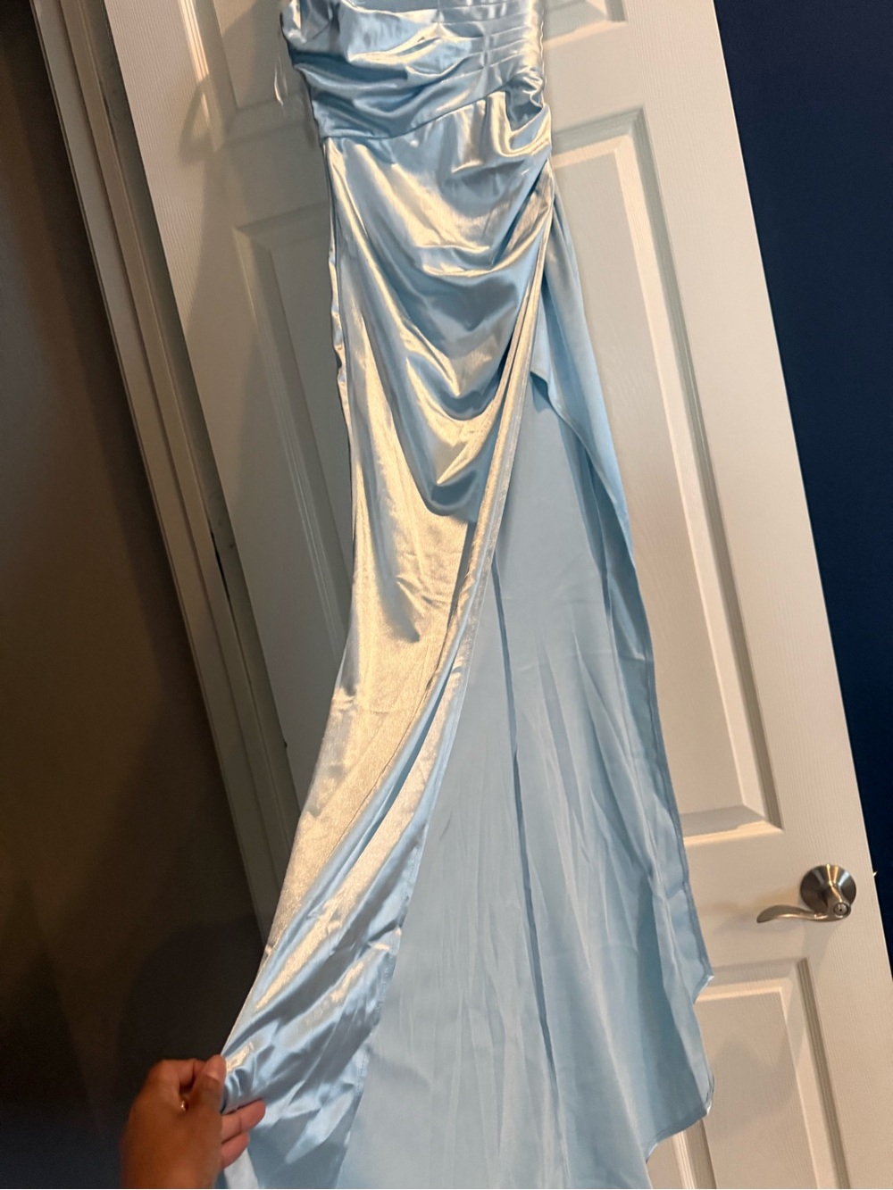 Light Blue Satin Ruched Prom Gown